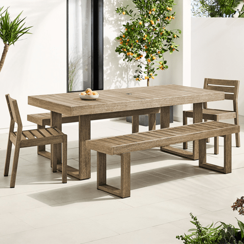 Portside Outdoor Dining Table Benches Stacking Chairs Set
